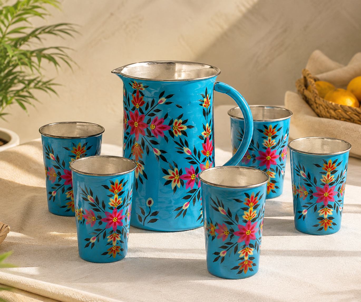 Hand-Painted Blue Floral Jug & Glass Set
