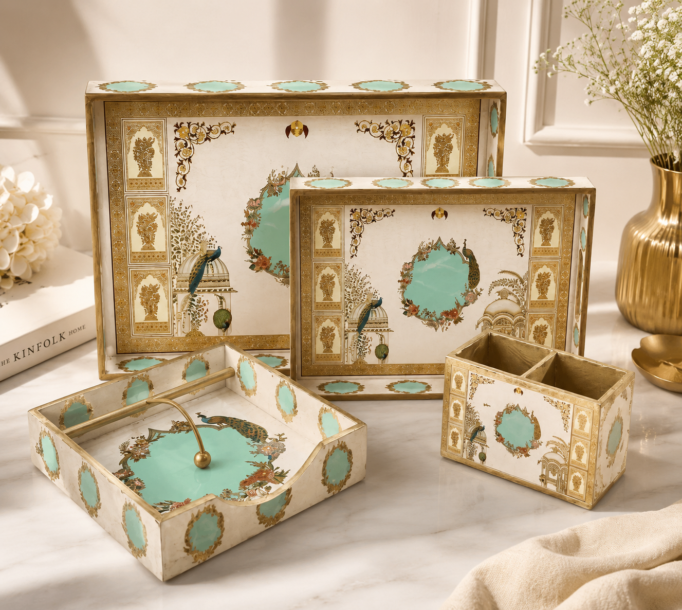 Royal Peacock 4-Piece Serving & Organizer Tray Set