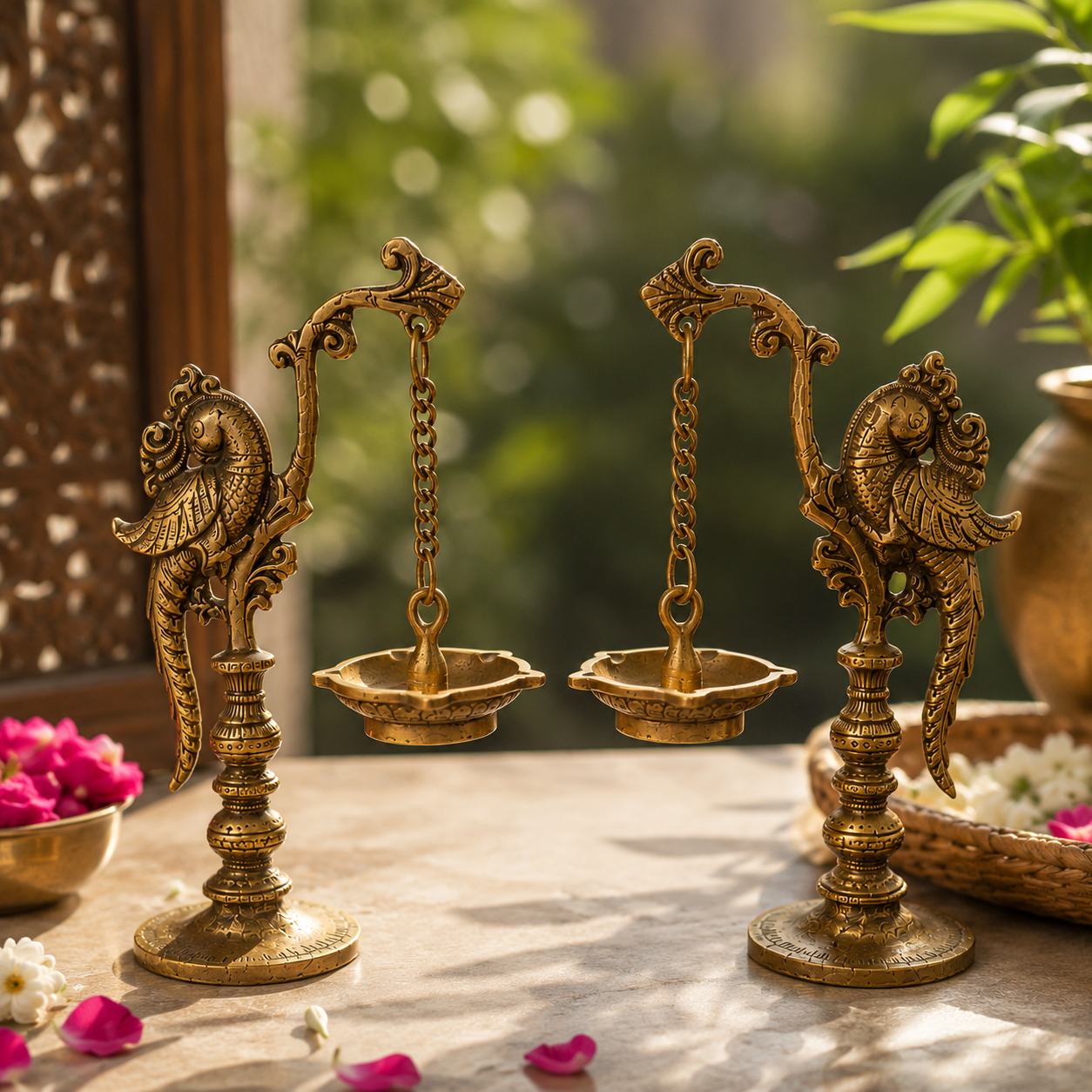Mayura Heritage Brass Peacock Diya Stand Pair