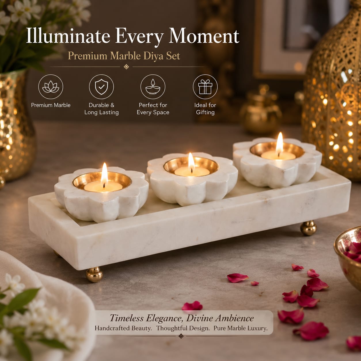 Lotus Marble Diya Set with Tray