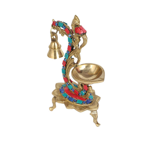 Carved Peacock Design Brass Diya with Bell, Brass Antique Oil Lamp