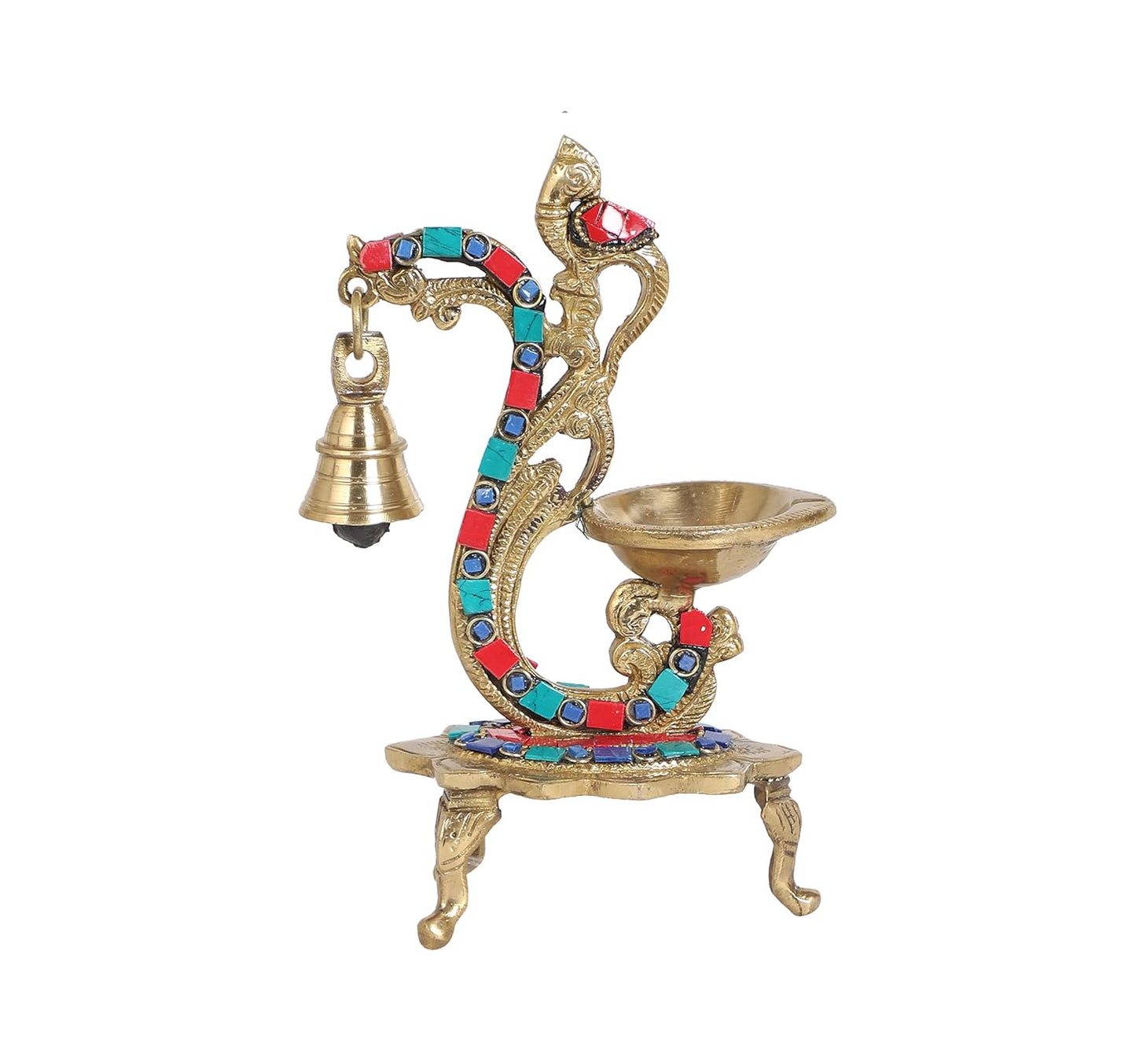 Carved Peacock Design Brass Diya with Bell, Brass Antique Oil Lamp