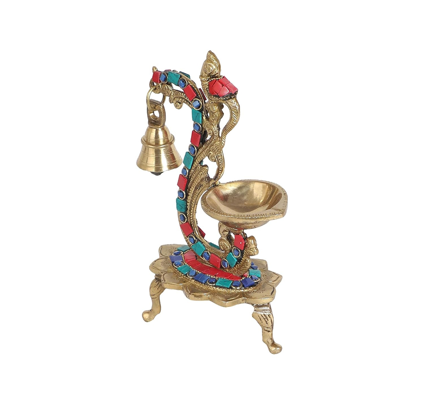 Carved Peacock Design Brass Diya with Bell, Brass Antique Oil Lamp