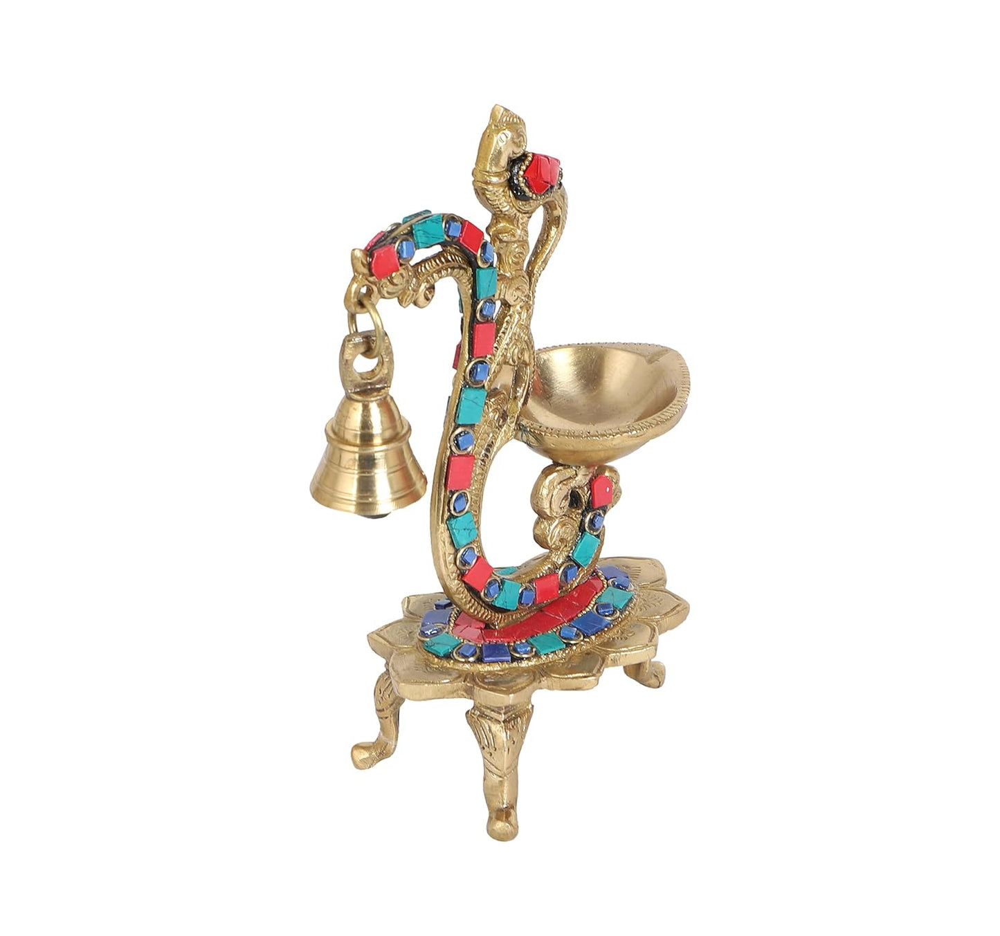 Carved Peacock Design Brass Diya with Bell, Brass Antique Oil Lamp