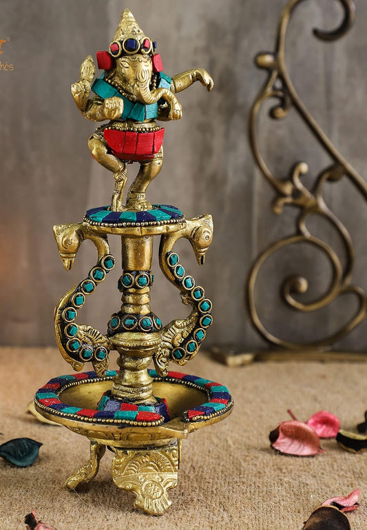 Brass dancing ganesh with gem stone work diya stand