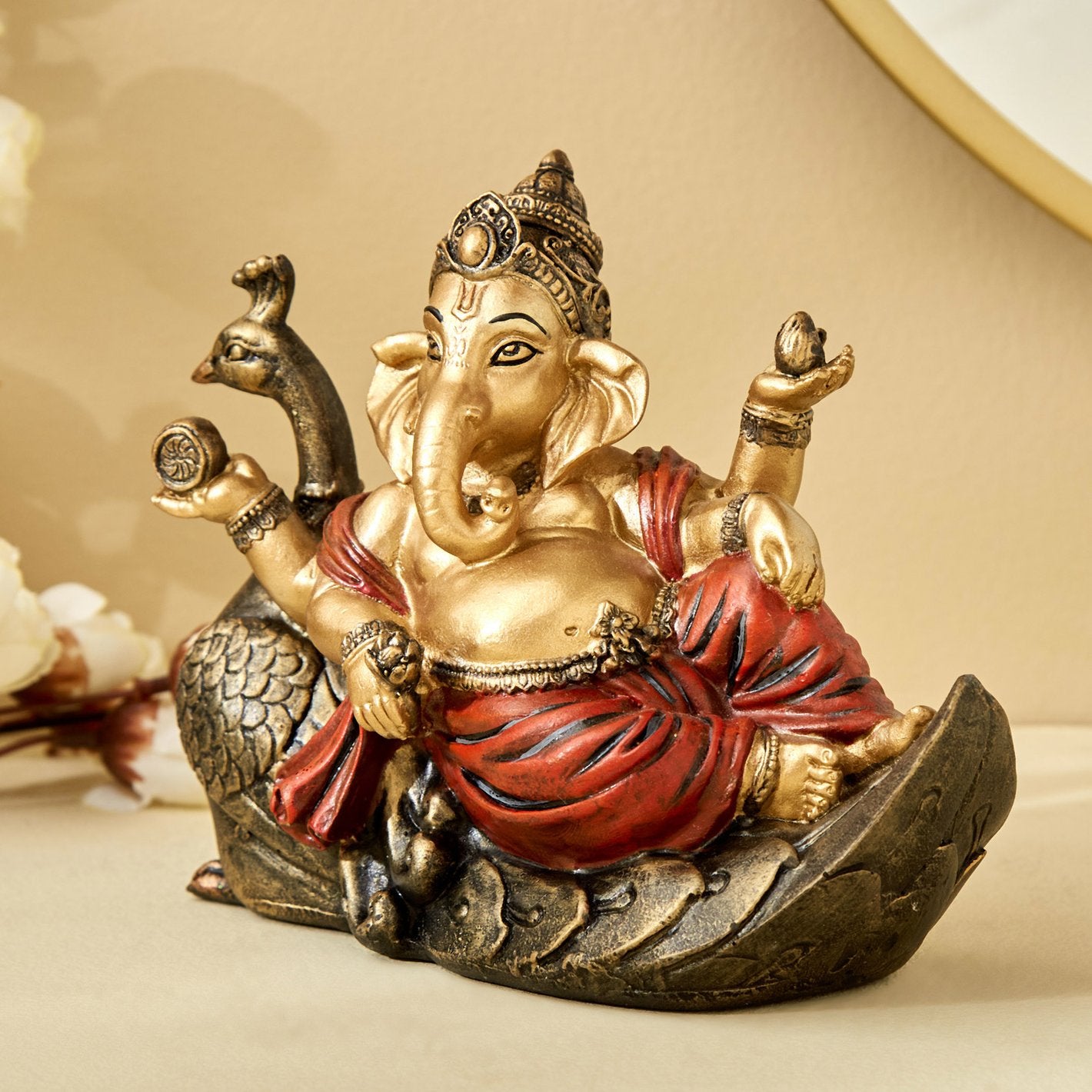 Ganesha on Peacock Figurine