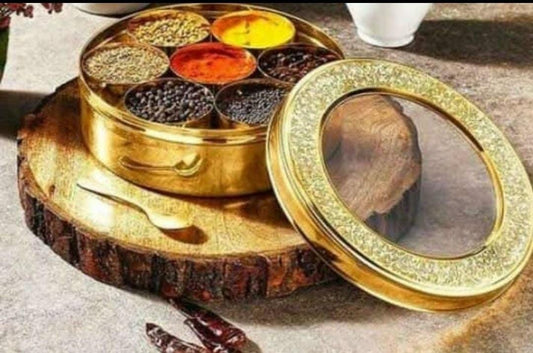 Brass masala box with 7 small bowls. Condiment box.