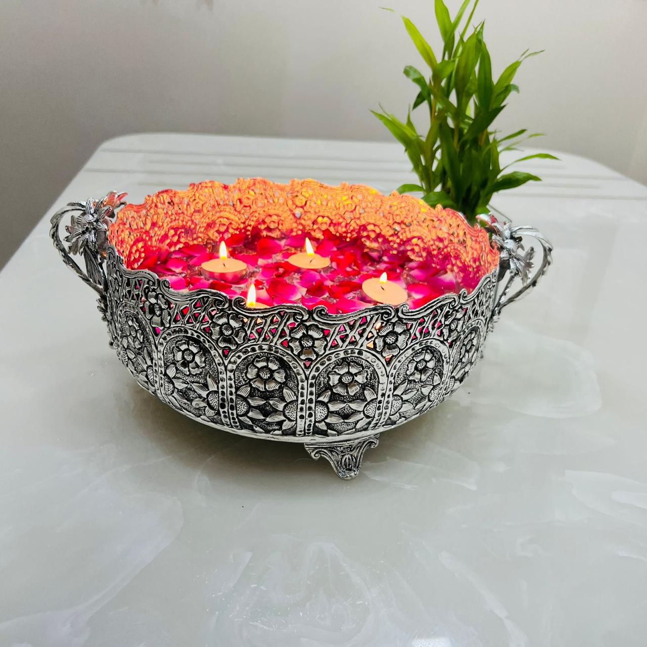 German Silver Decorative Flower Urli