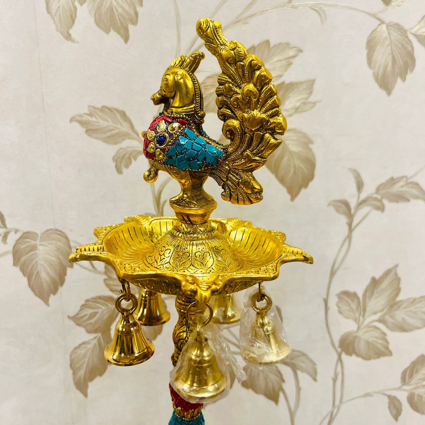 German Silver Hand-Engraved Peacock Samai/Diya with Elephant Base & Brass-Plated Plate | Traditional Indian Oil Lamp. Set of 2