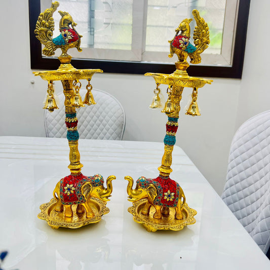 German Silver Hand-Engraved Peacock Samai/Diya with Elephant Base & Brass-Plated Plate | Traditional Indian Oil Lamp. Set of 2