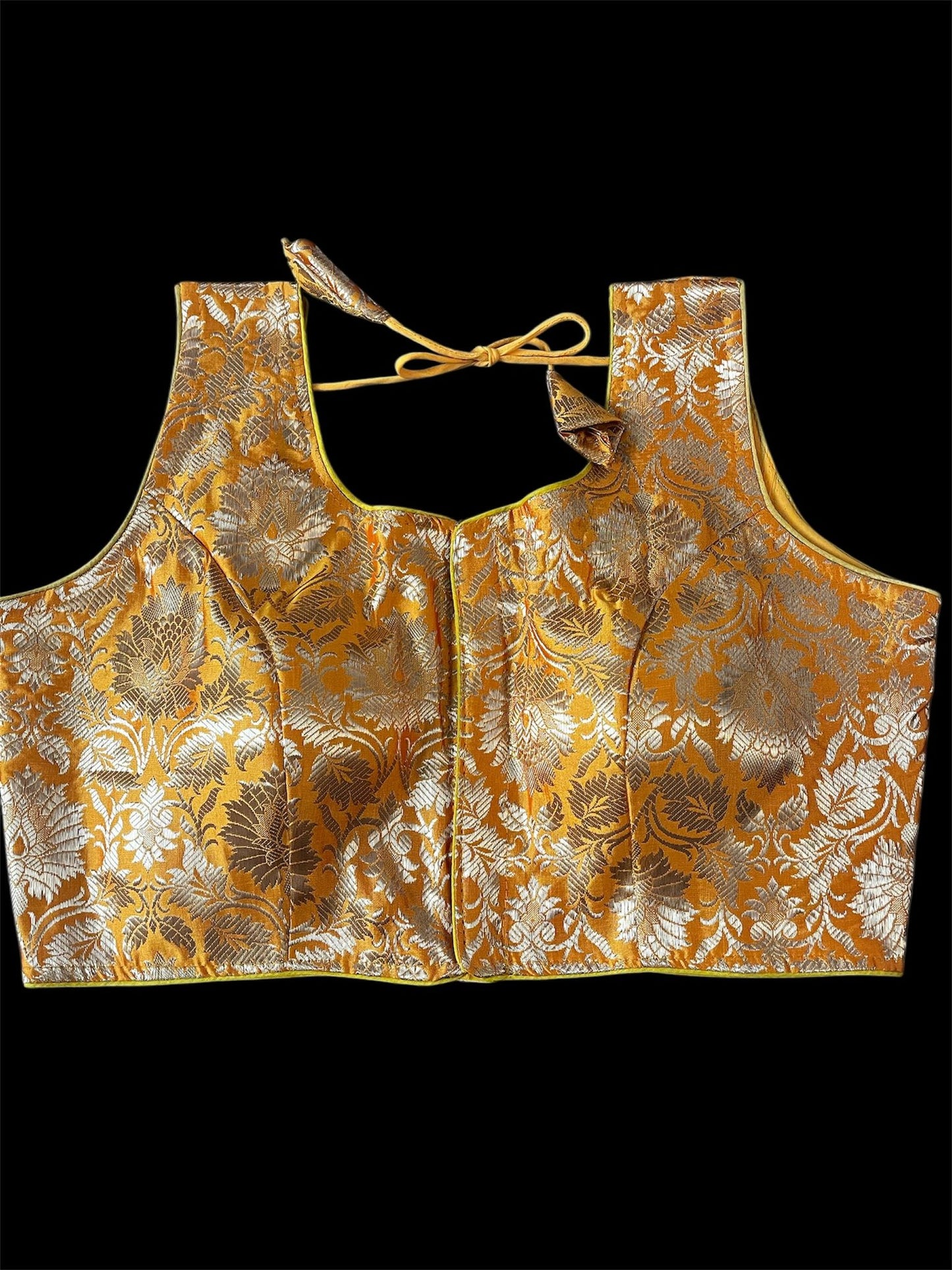Indian Designer Yellow Saree Lehenga Blouse Sleeveless style.