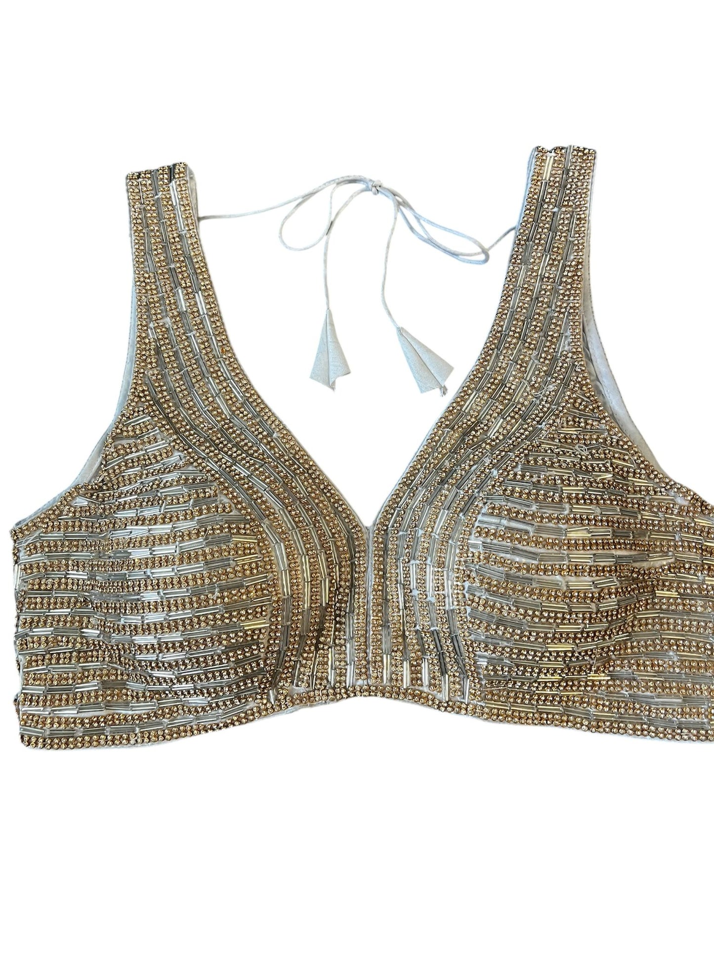 Indian Designer Silver Saree Lehenga beaded blouse sleeveless style.