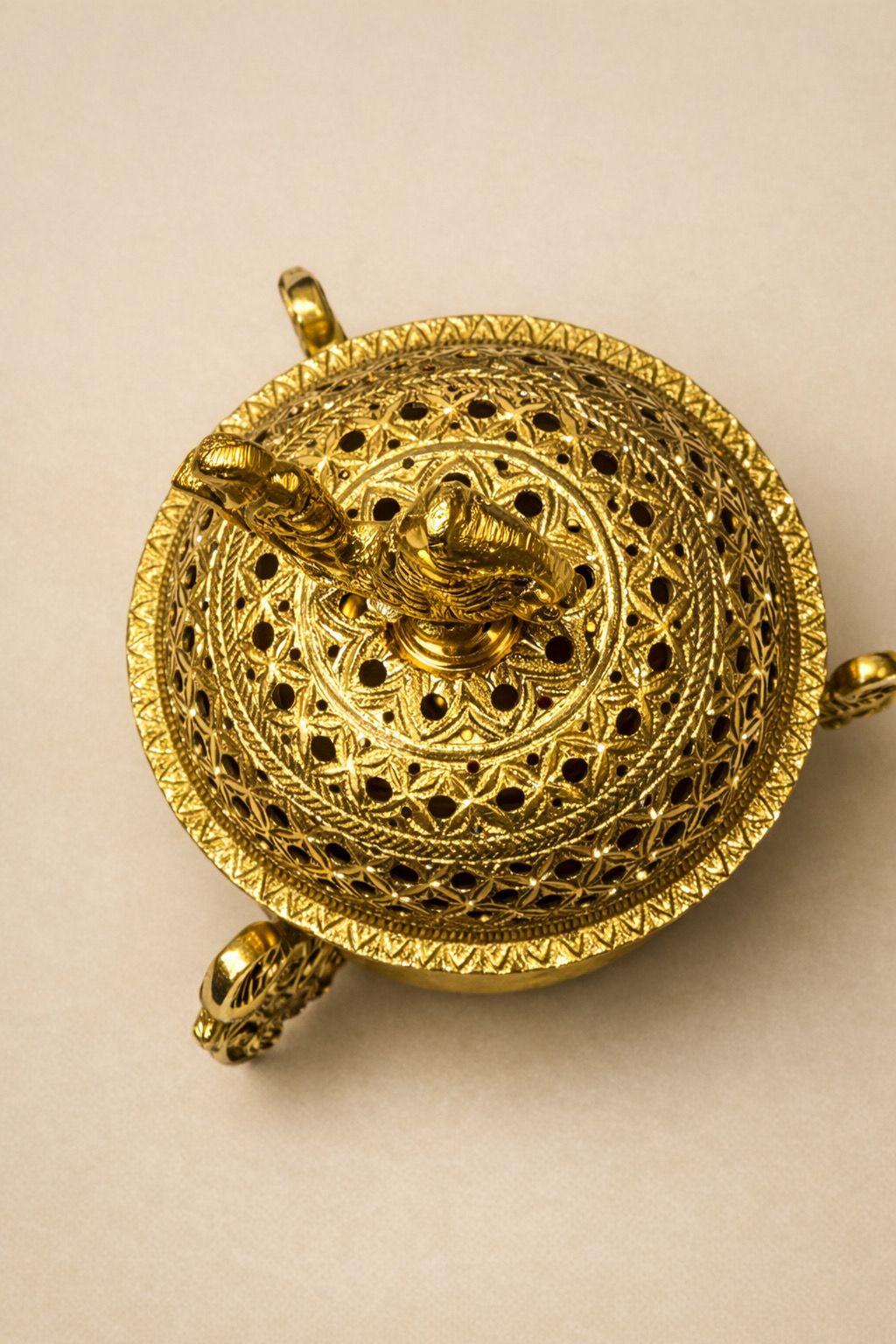 Handcrafted Brass Dhoop Dani – Traditional Incense Burner with Decorative Lid & Peacock Finial