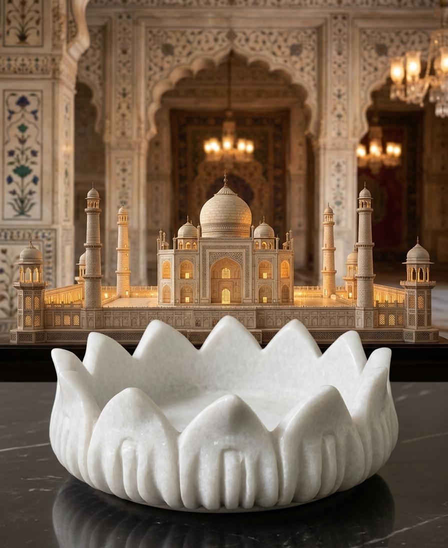 Handcrafted White Marble Lotus Urli – Luxury Decorative Bowl