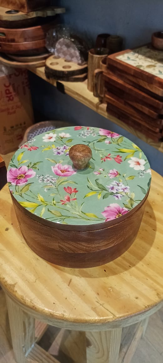 Handcrafted wooden Chapati box with printed lid. Condiment box/Roti box.