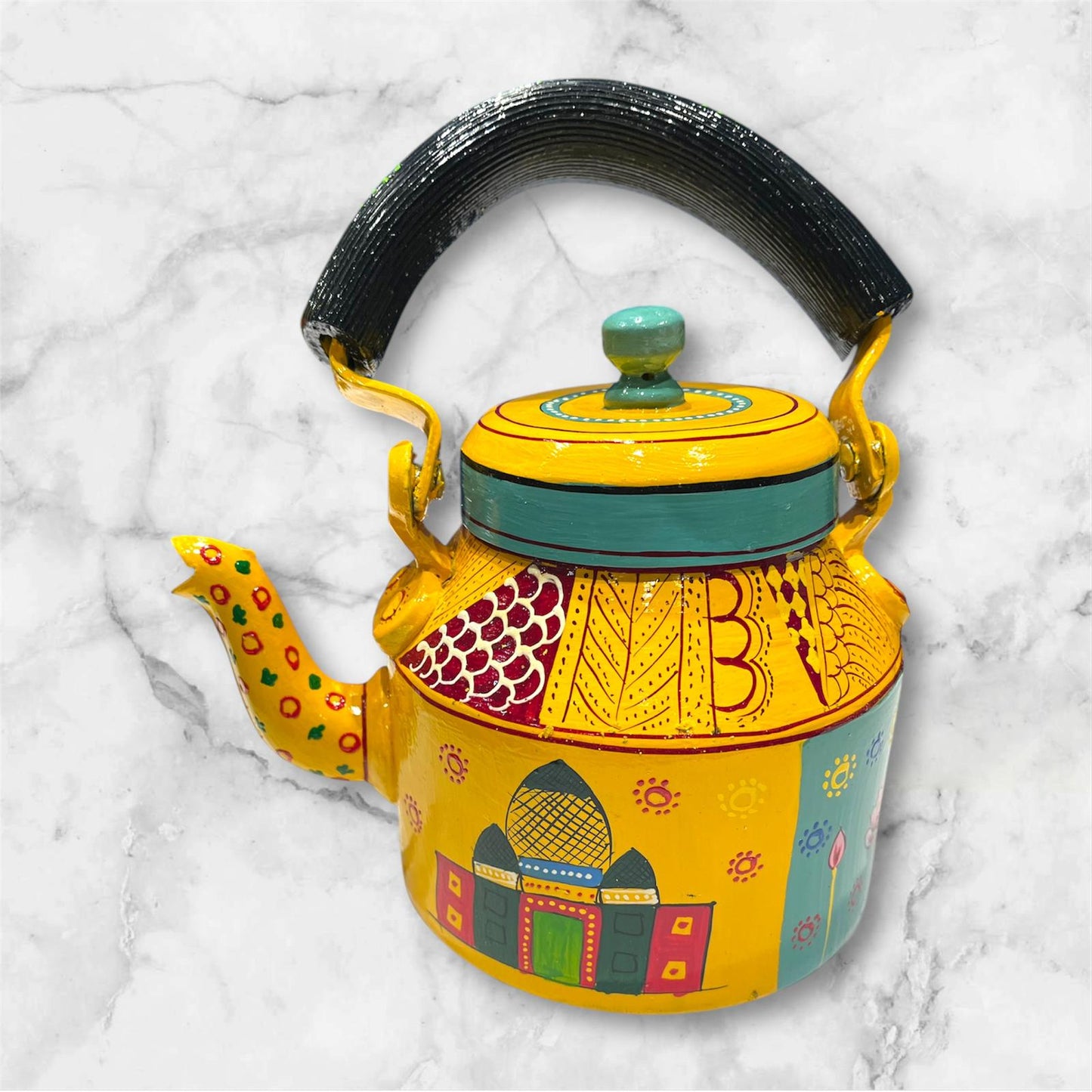 Royal Indian Folk Art Tea Kettle & 6 Glass Set with Handcrafted Wooden Serving Tray