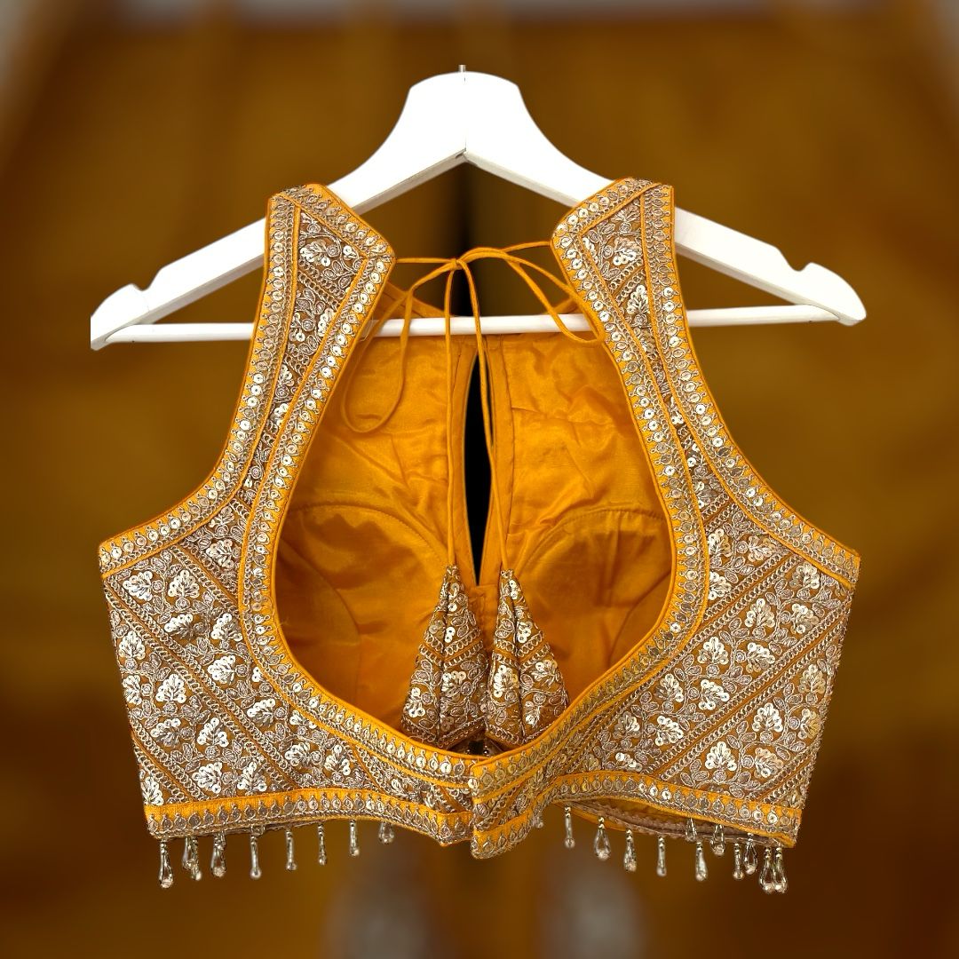 Indian Designer yellow beads Saree Lehenga Blouse Sleeveless sabyasachi style.