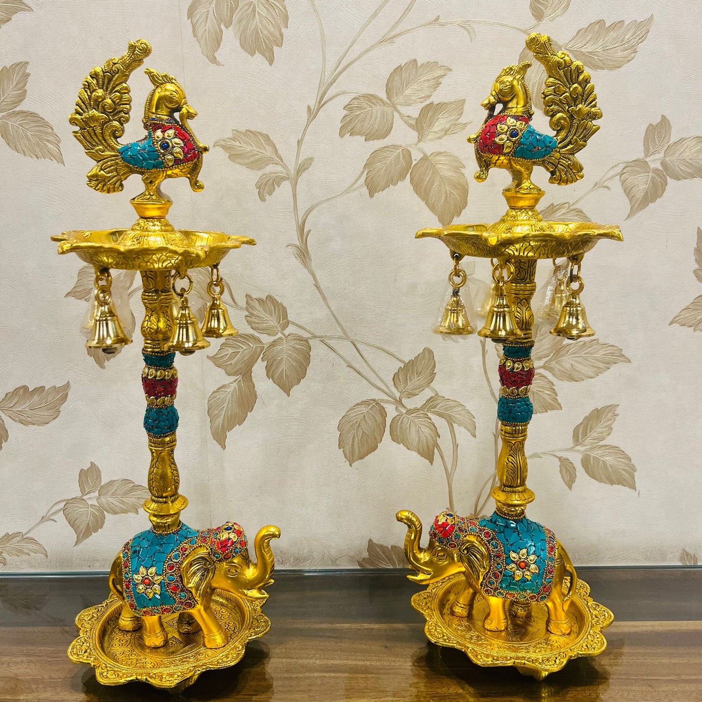 German Silver Hand-Engraved Peacock Samai/Diya with Elephant Base & Brass-Plated Plate | Traditional Indian Oil Lamp. Set of 2
