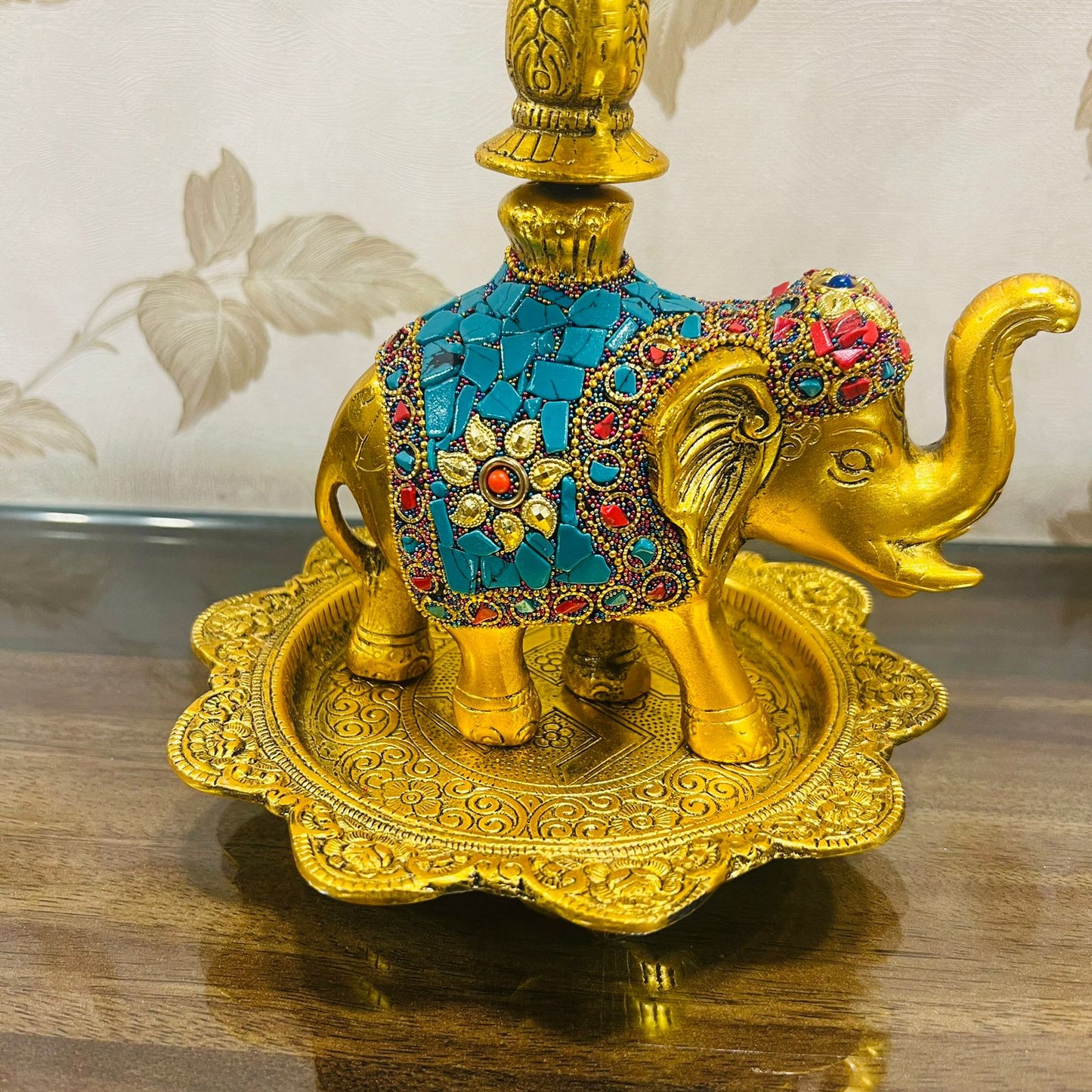 German Silver Hand-Engraved Peacock Samai/Diya with Elephant Base & Brass-Plated Plate | Traditional Indian Oil Lamp. Set of 2