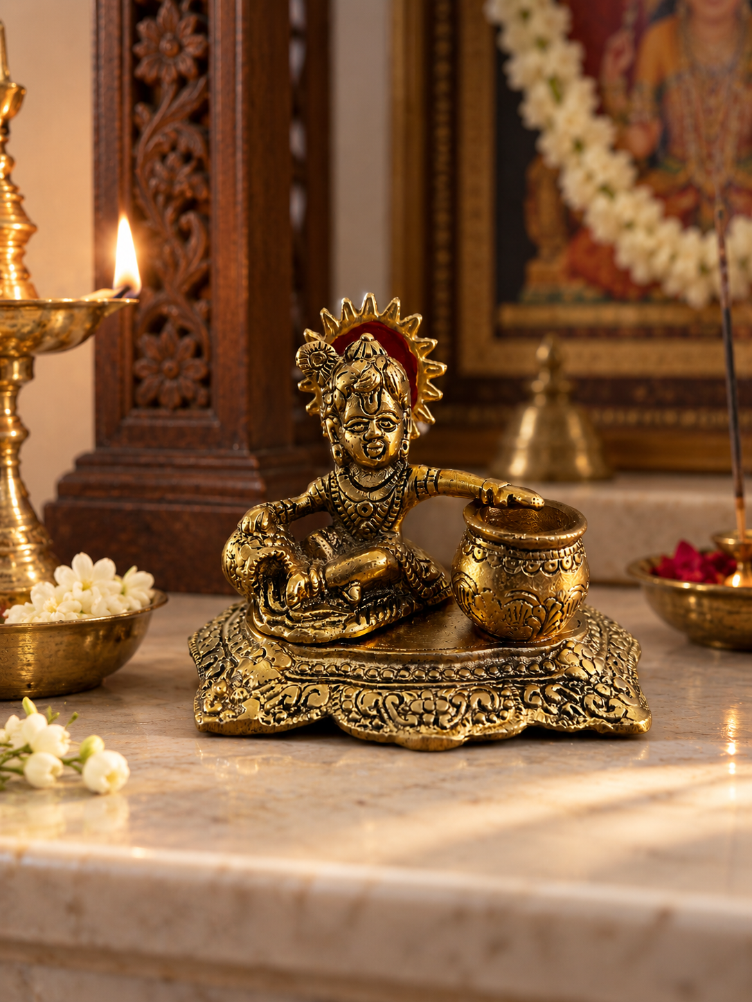 Divine Bal Krishna with Makhan Matki – Antique Gold Decorative Idol