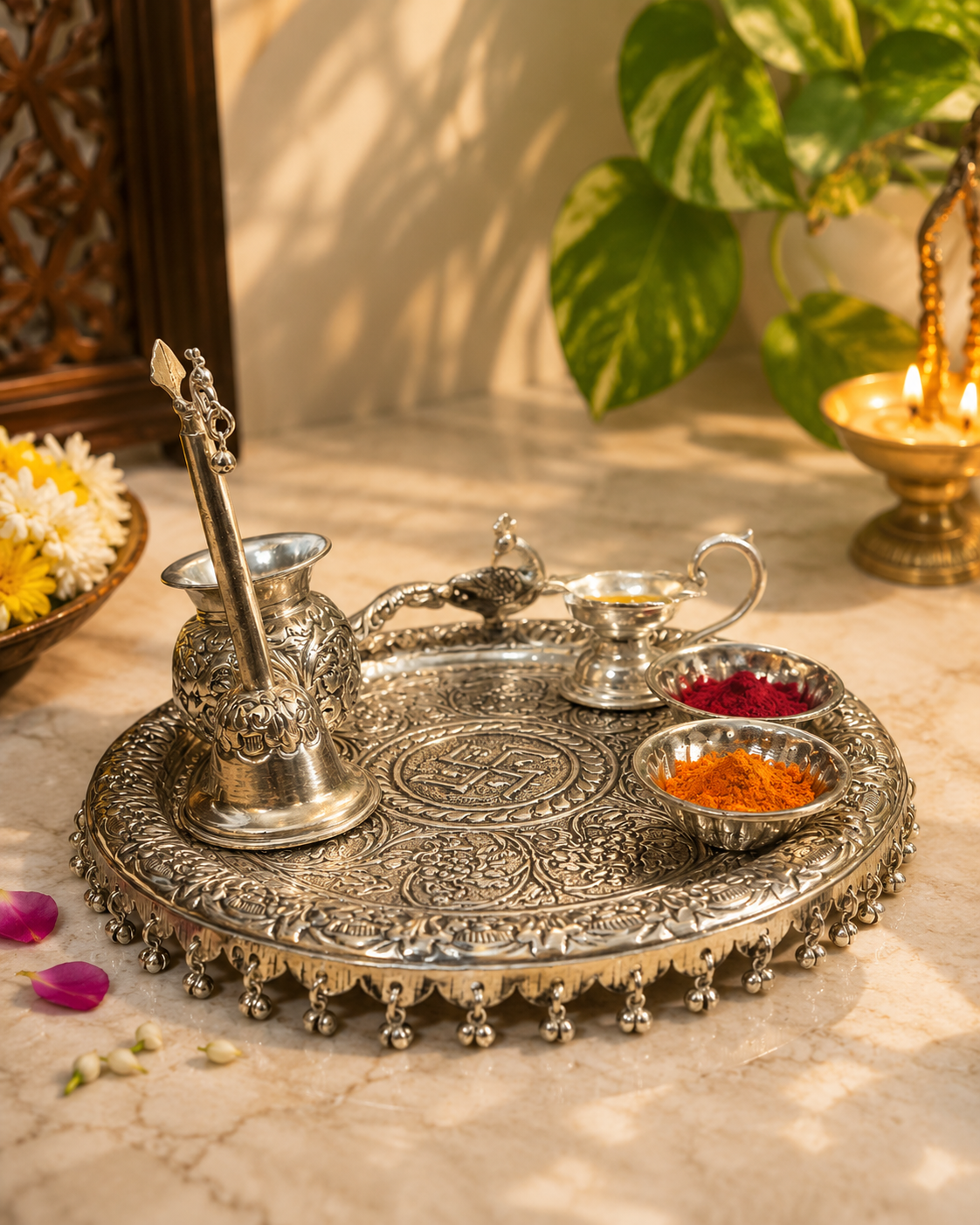 Aaradhya Heritage German Silver Pooja Thali Set
