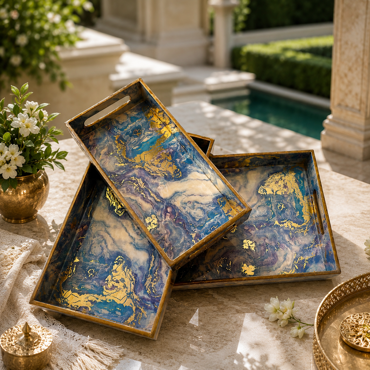 Luxury Blue Decorative Serving Tray Set of 3 with Gold Accents | Handmade Coffee Table & Ottoman Trays