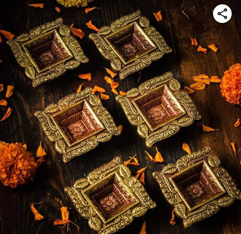 Terracotta Swastik tealight holder (Diwali diya) set in metallic colour. Set of 4, Earthen lamps, Diyas.