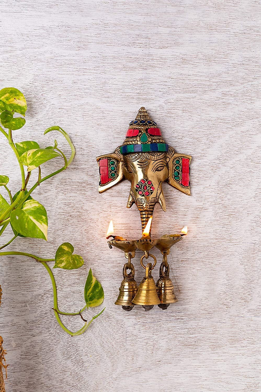 Brass Ganesha Wall Hanging with Lamp and Stonework