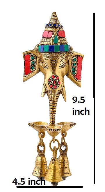 Brass Ganesha Wall Hanging with Lamp and Stonework