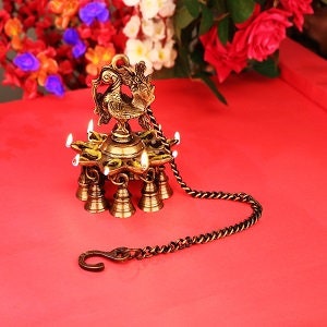 Brass Peacock Hanging Diya With Bells
