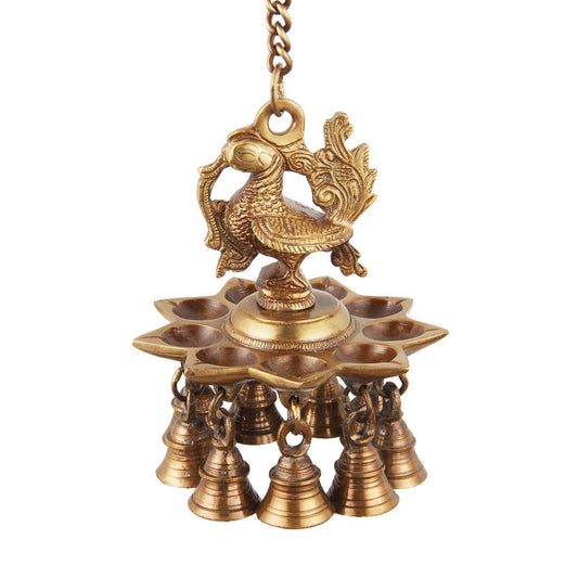Brass Peacock Hanging Diya With Bells