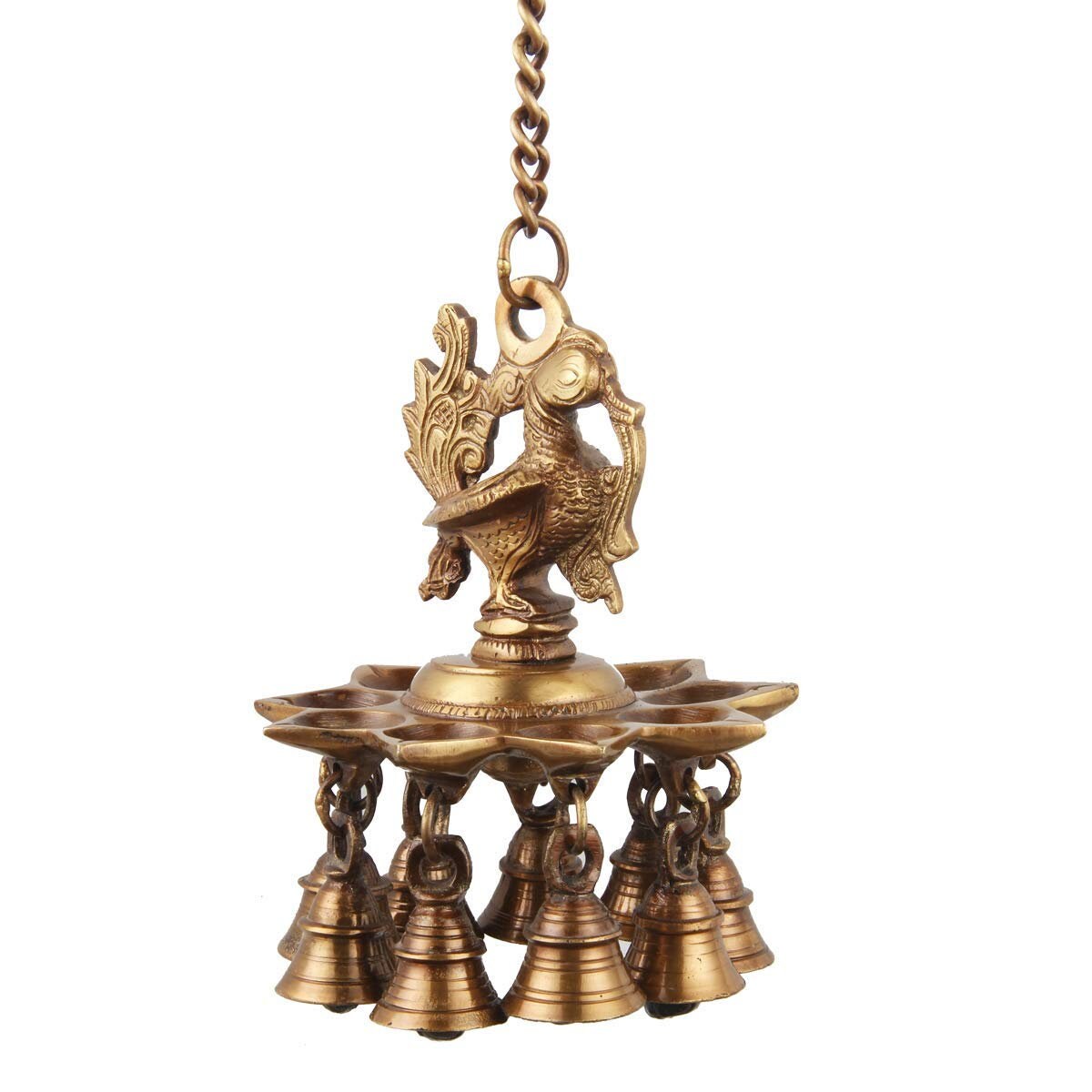 Brass Peacock Hanging Diya With Bells