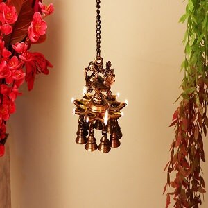 Brass Peacock Hanging Diya With Bells