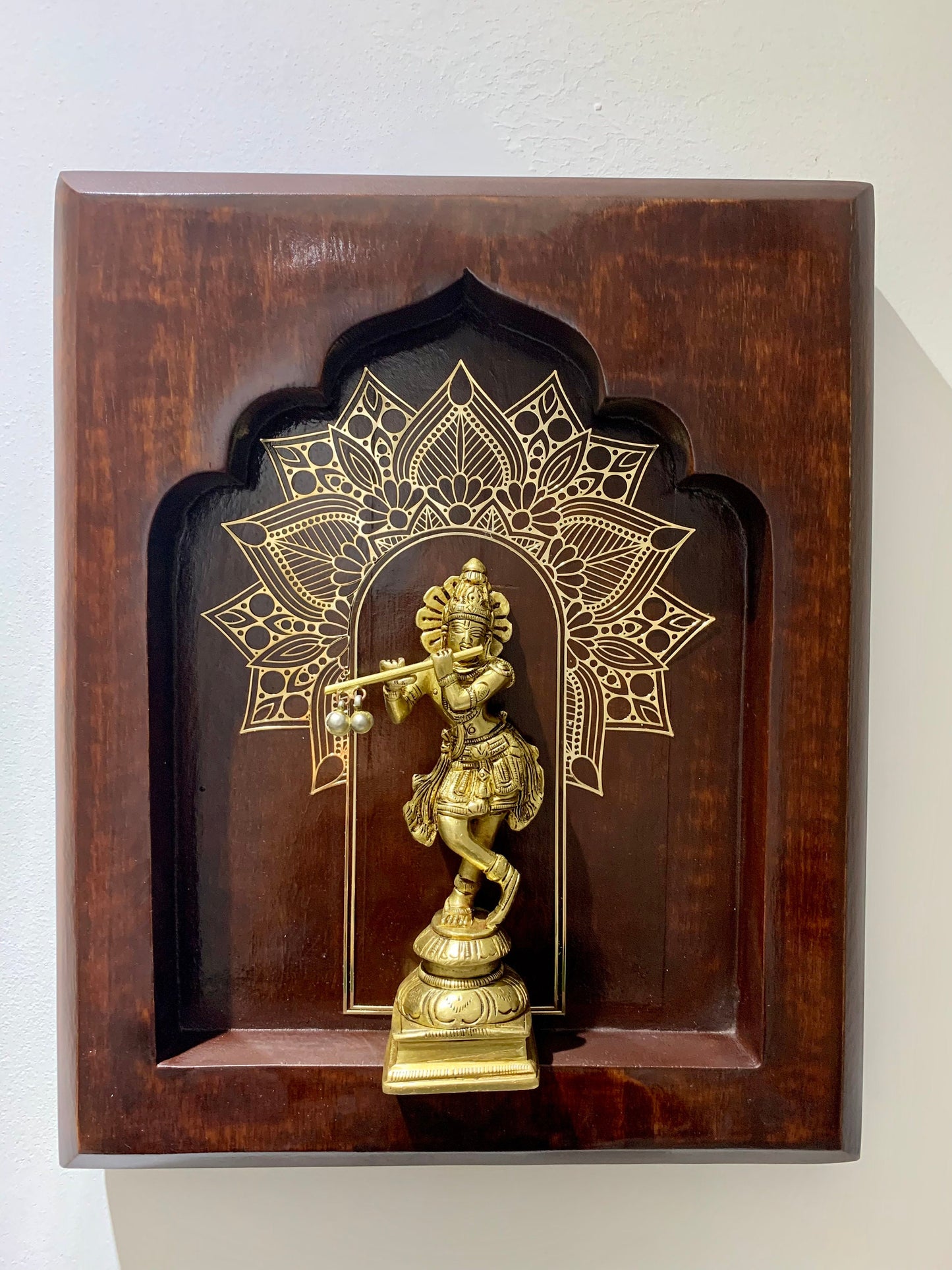 Handcrafted Brass Krishna playing flute on walnut finish solid wood, Prabhavali frame, wall hanging