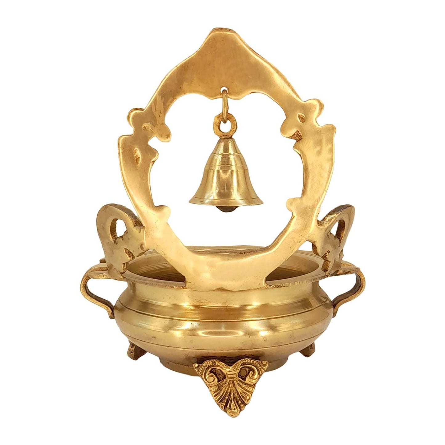 Brass Designer Ethnic Carved Decorative Urli Bowl with Bell for Floating Flowers and Tea Light Candles