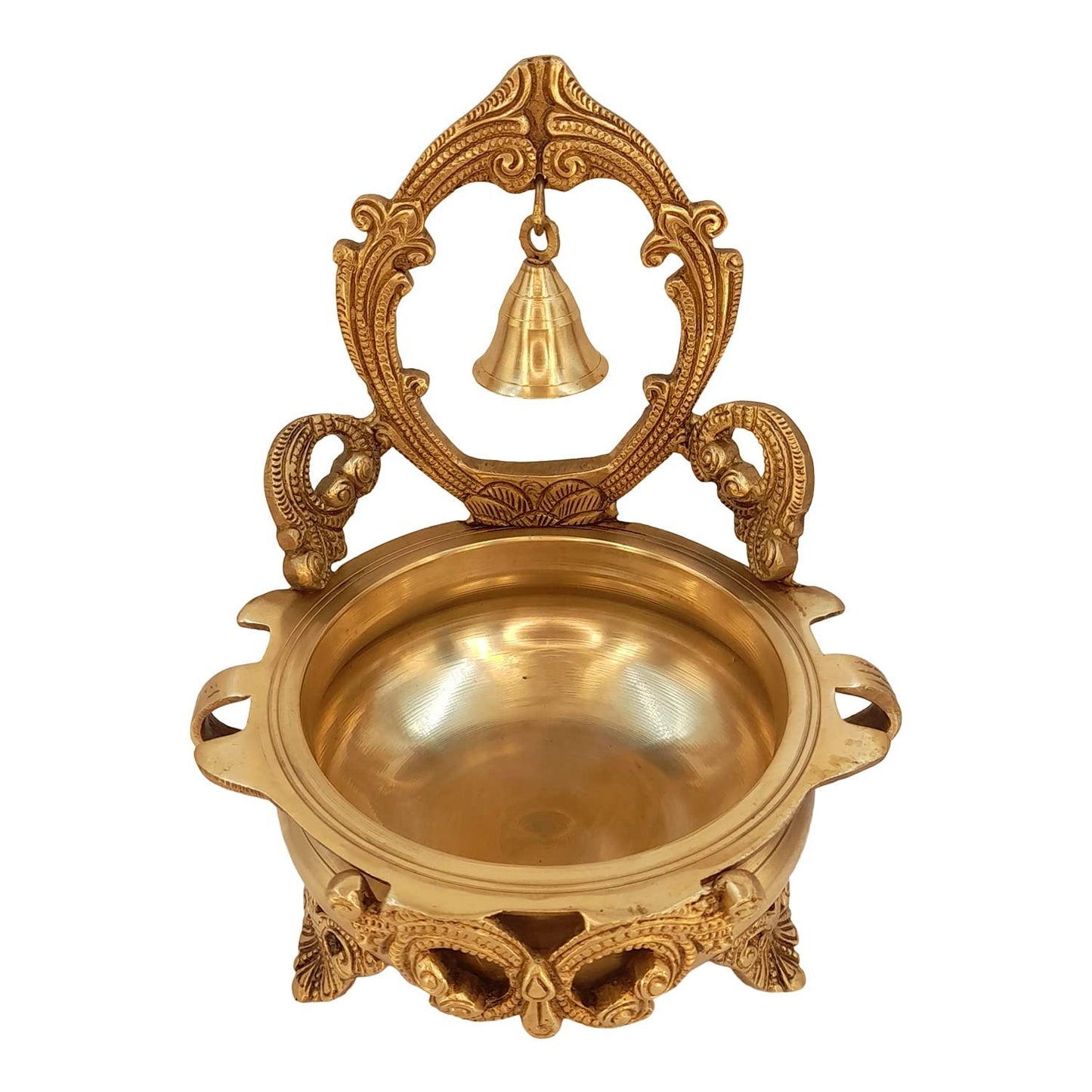 Brass Designer Ethnic Carved Decorative Urli Bowl with Bell for Floating Flowers and Tea Light Candles