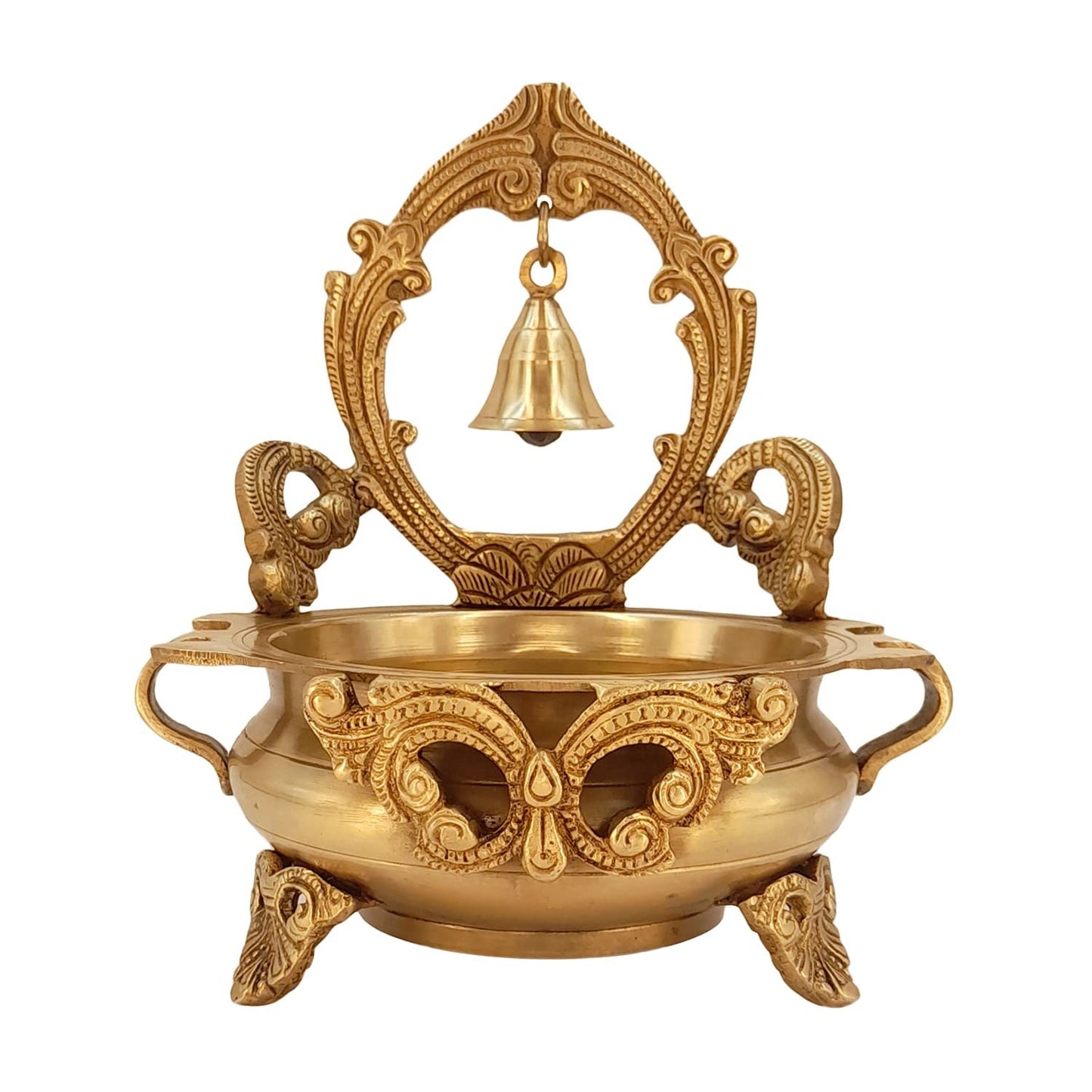 Brass Designer Ethnic Carved Decorative Urli Bowl with Bell for Floating Flowers and Tea Light Candles