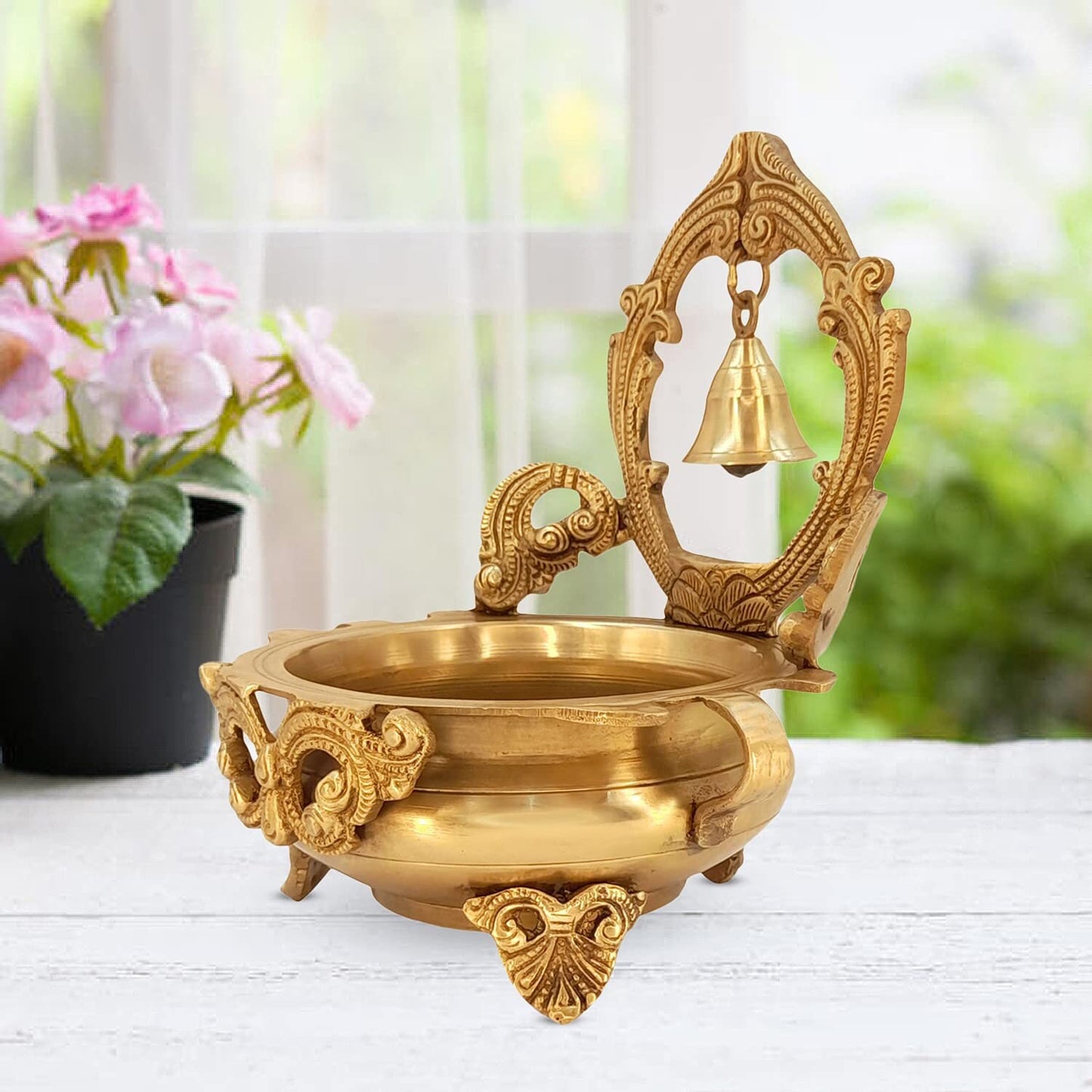 Brass Designer Ethnic Carved Decorative Urli Bowl with Bell for Floating Flowers and Tea Light Candles