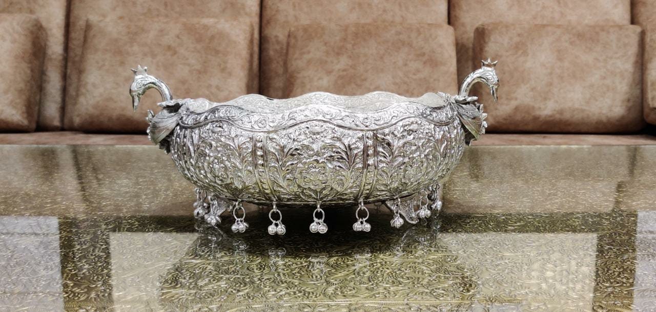 German silver hand engraved peacock fruit bowl / urli