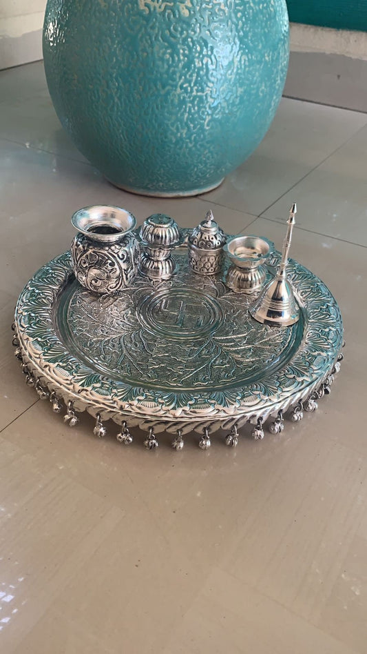 German Silver Pooja Thali Set With Hanging Ghunghurus/Bells