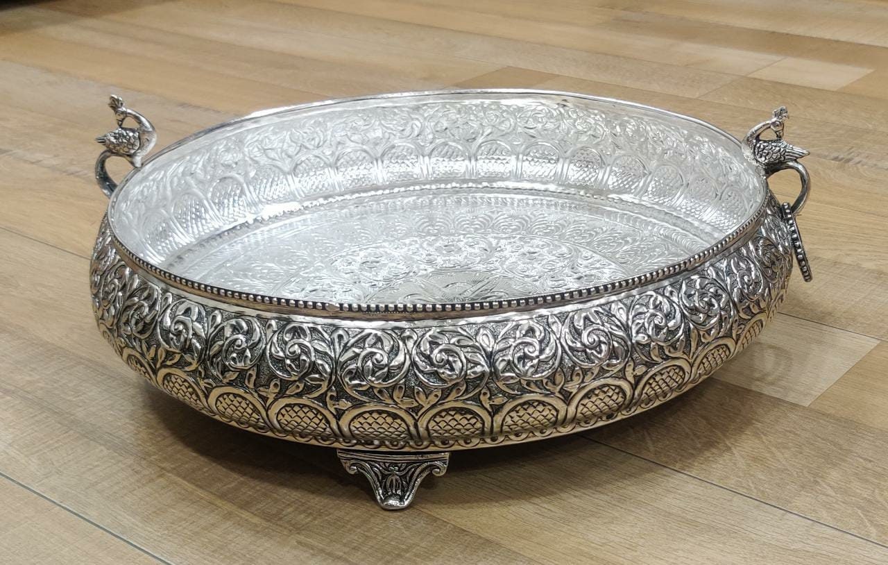 German Silver Peacock Decorative Urli 17inches wide