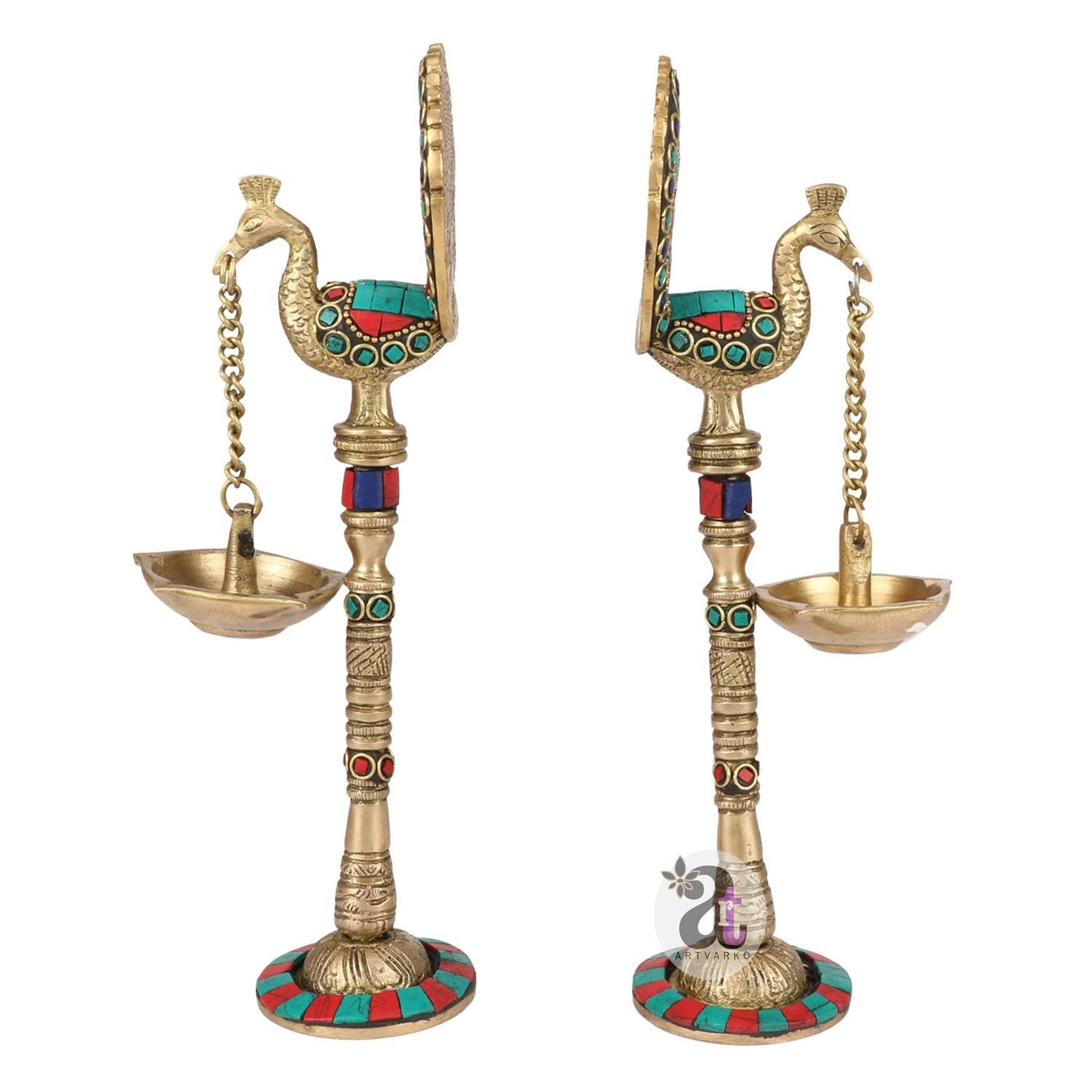 Brass Pair of Bird Peacock Hanging Chain Diya Oil Lamp Stand, 9 Inches