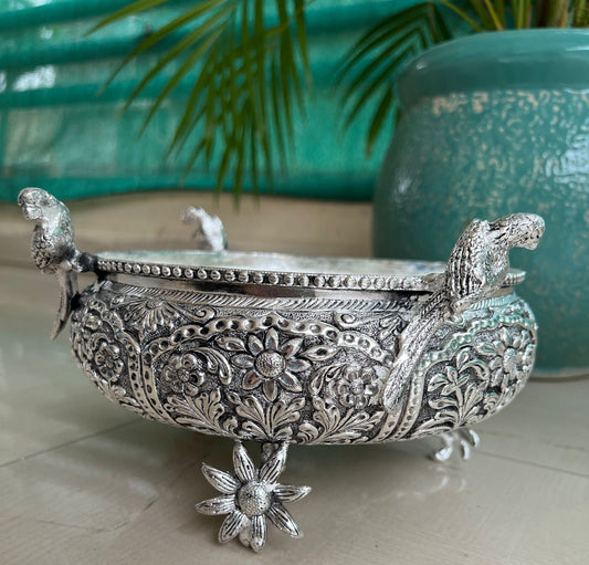 German Silver Decorative Parrot Urli (Bowl)