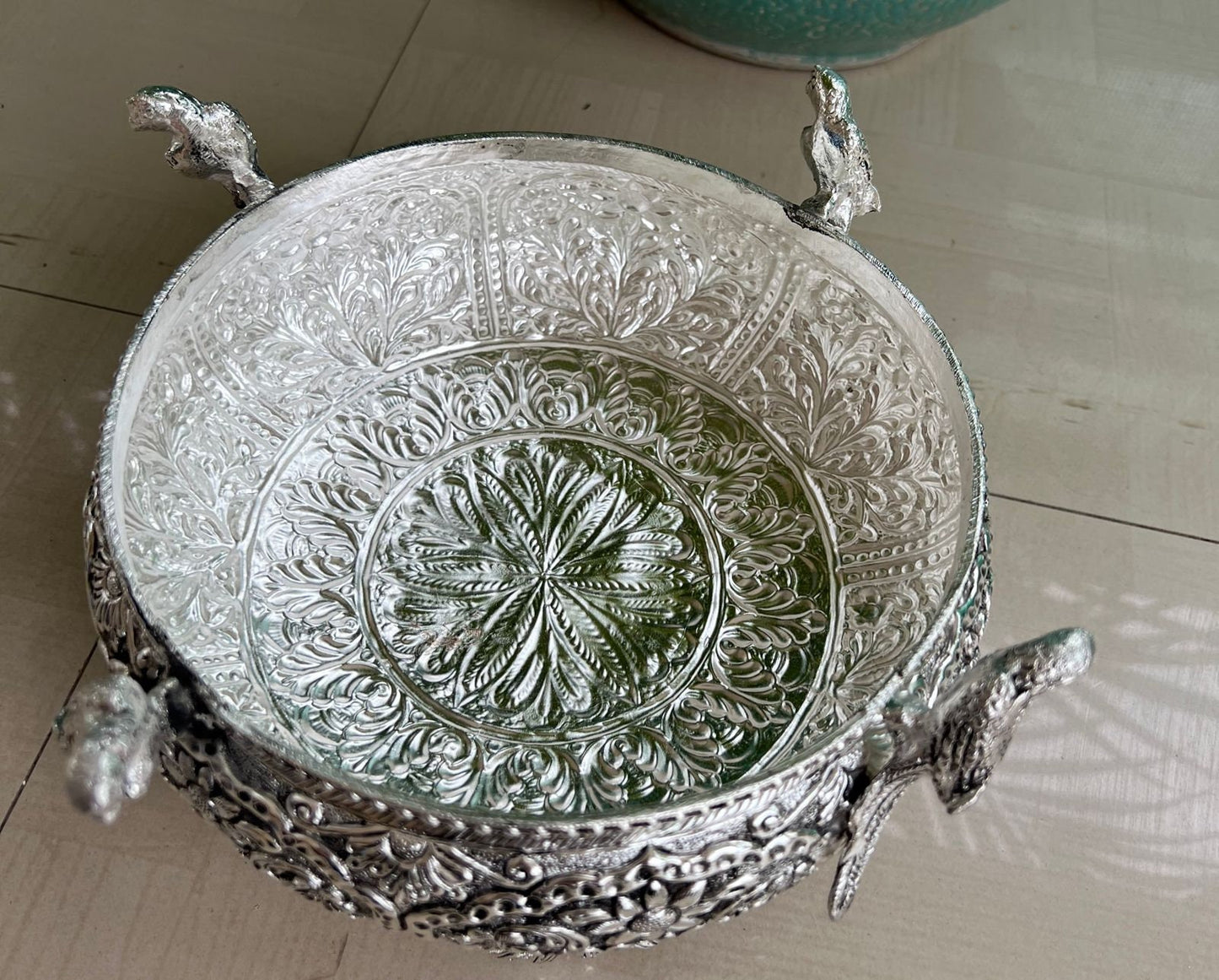 German Silver Decorative Parrot Urli (Bowl)