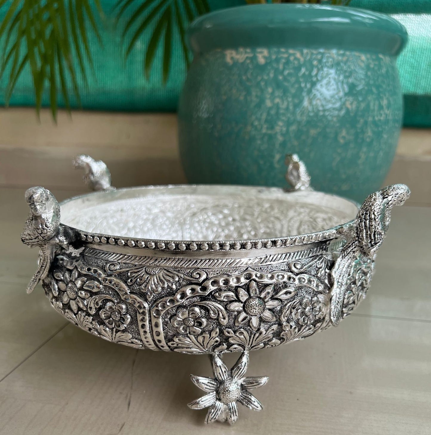 German Silver Decorative Parrot Urli (Bowl)