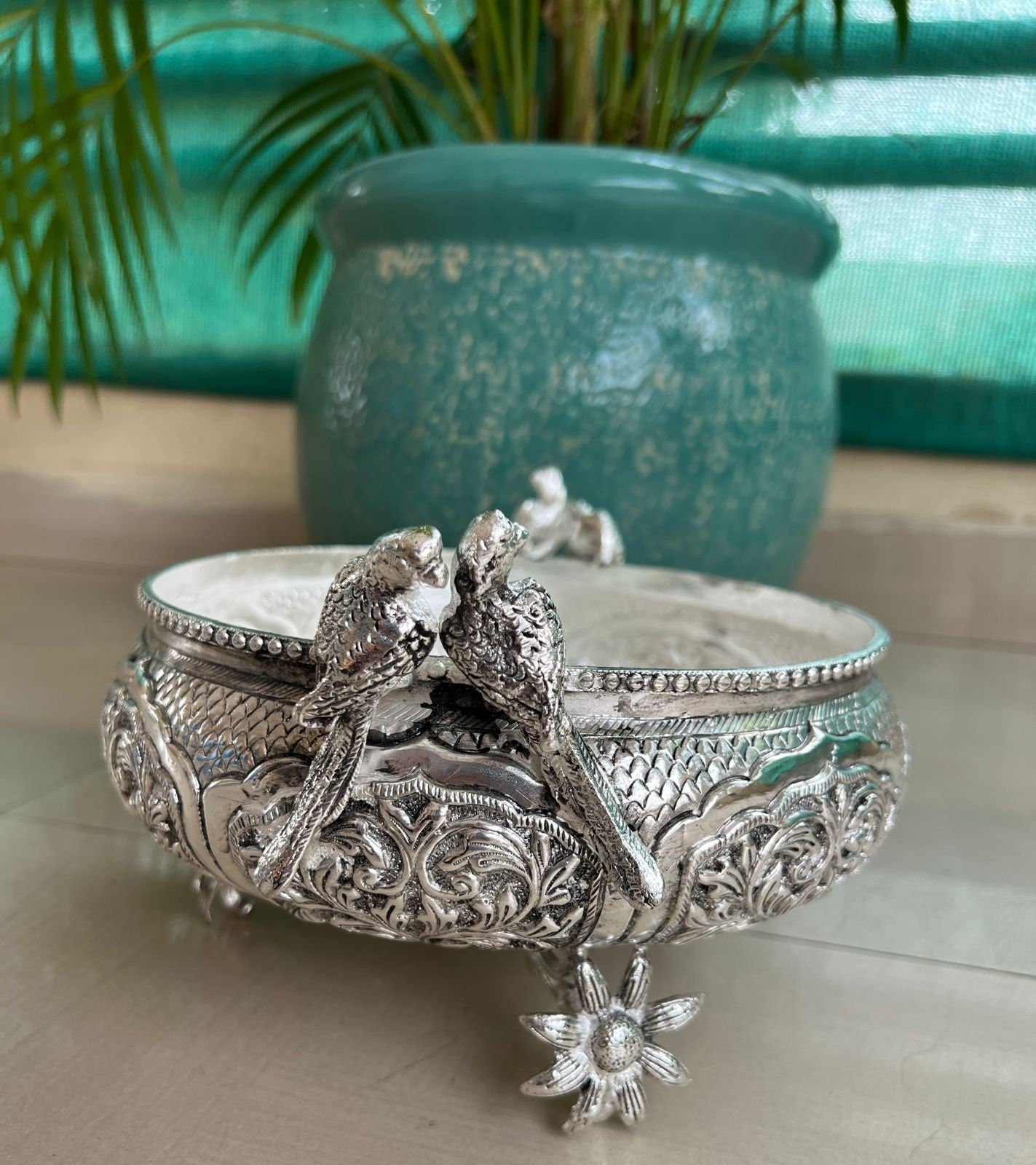 German Silver Decorative Parrot Urli (Bowl)