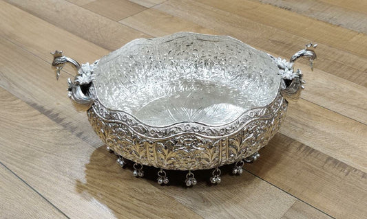 German silver hand engraved peacock fruit bowl / urli
