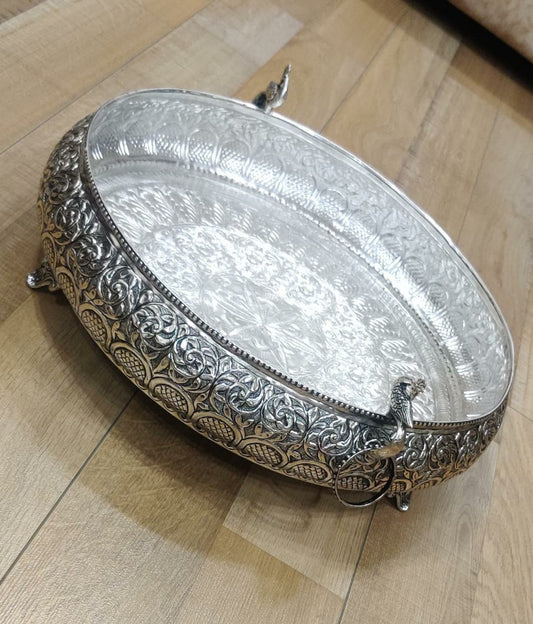 German Silver Peacock Decorative Urli 17inches wide