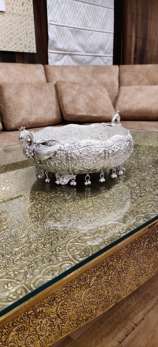 German Silver Peacock Decorative Urli 14 inches wide