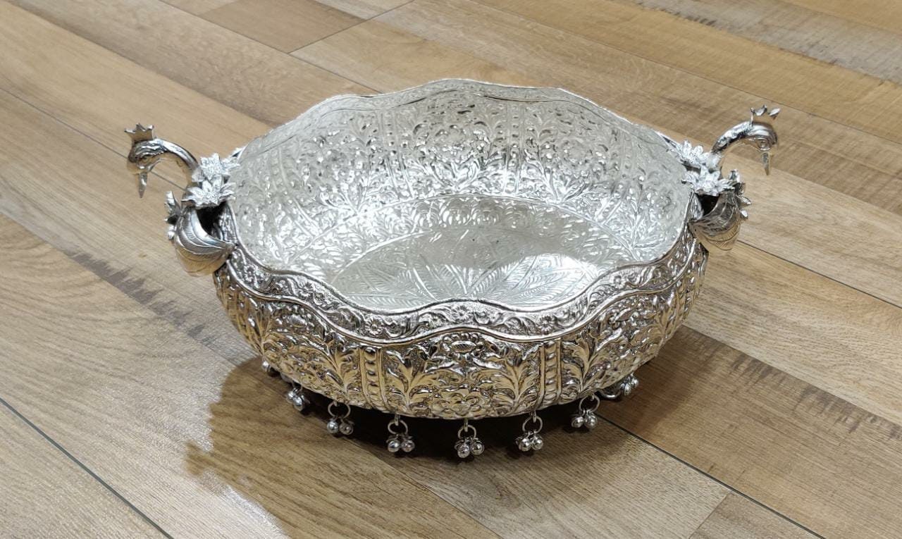 German Silver Peacock Decorative Urli 14 inches wide